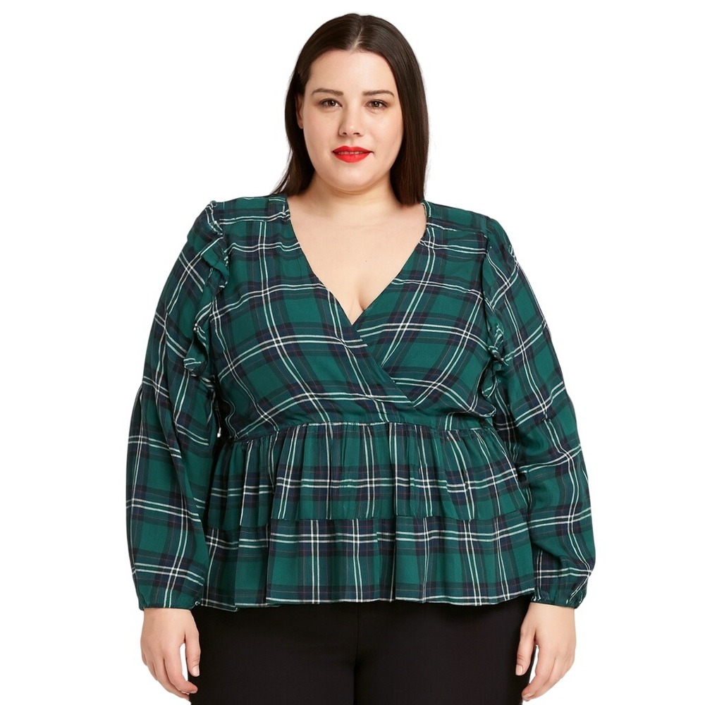 Torrid Plaid Tiered Peplum Blouse Green Ruffle V-Neck Womens 2X Grunge Festival